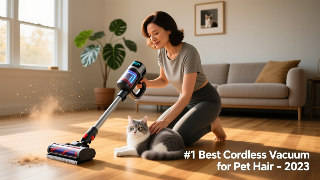 A person using the FurPetVo CordZero vacuum on a sunlit hardwood floor beside a relaxed cat