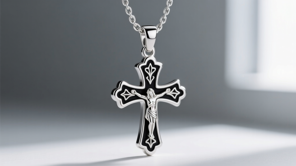 Macro shot of a sterling silver Jesus pendant with black rhodium oxidized details on a 2mm cuban link chain, neutral background
