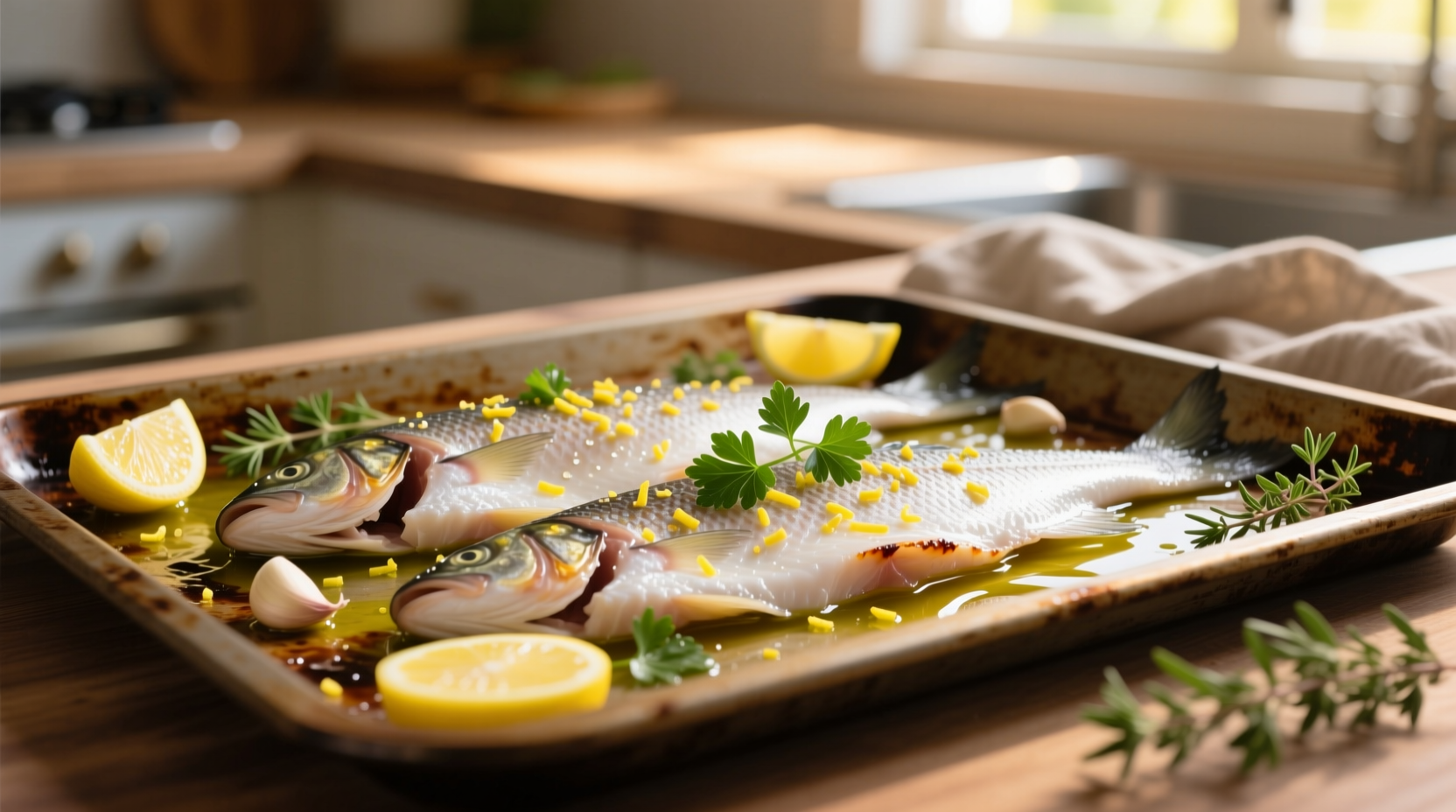 Fresh tilapia fillets seasoned with lemon and herbs on baking sheet