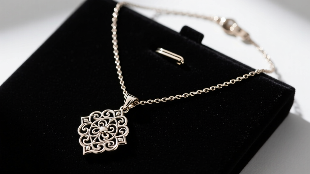 Overhead view of a heavy pendant necklace on dark velvet, showing a small hidden metal counterweight attached near the clasp.