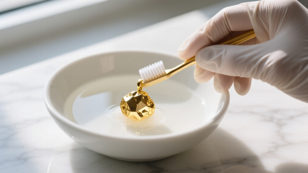 Hands in nitrile gloves gently brushing a gold nugget pendant with a soft toothbrush in a ceramic bowl of mild soapy water