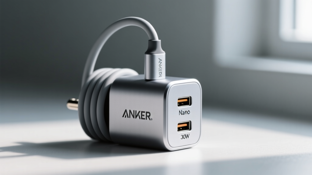 Close-up macro shot of the Anker Nano 30W charger with its built-in USB-C cable wrapped neatly around the GaN body.