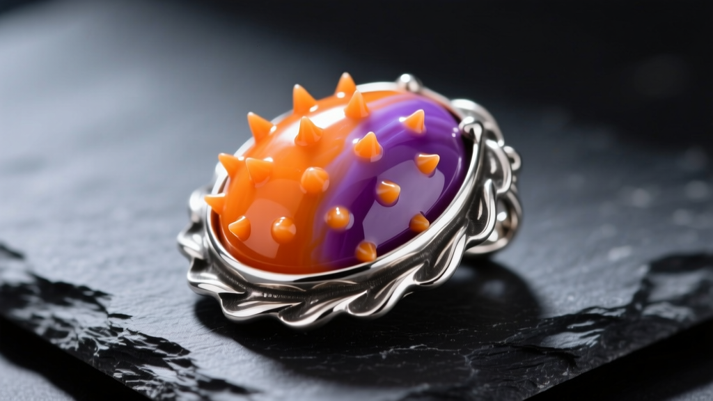 Macro shot of vibrant orange and purple spiny oyster shell cabochon set in oxidized sterling silver bezel, resting on dark slate