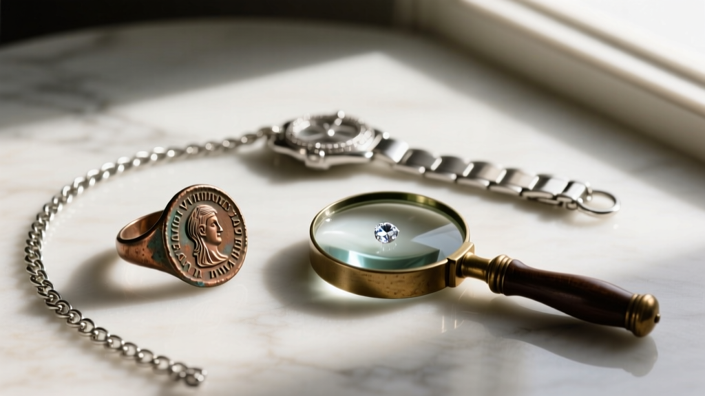 Estate flat lay with a Roman bronze coin ring, silver watch chain, and a jeweler's loupe resting on a rustic wooden desk surface.