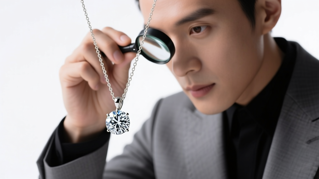 Jeweler inspecting a one-carat round diamond solitaire pendant on a white gold chain with a loupe under bright studio lighting.