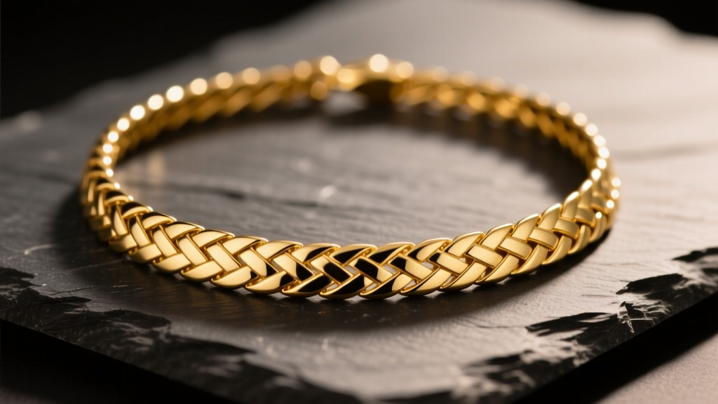 14k yellow gold herringbone flat necklace on dark slate, showing its reflective liquid weave under soft, warm directional lighting
