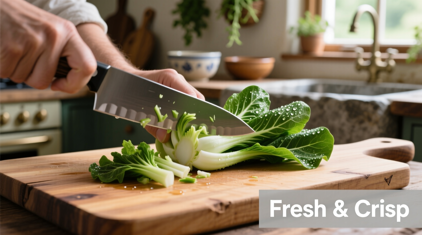 Fresh bok choy being chopped on cutting board
