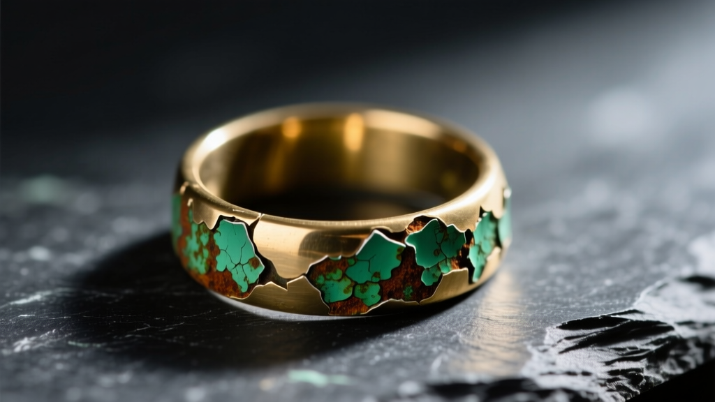 Macro shot of a brass ring with peeling clear nail polish, revealing green verdigris corrosion underneath on a dark slate surface.