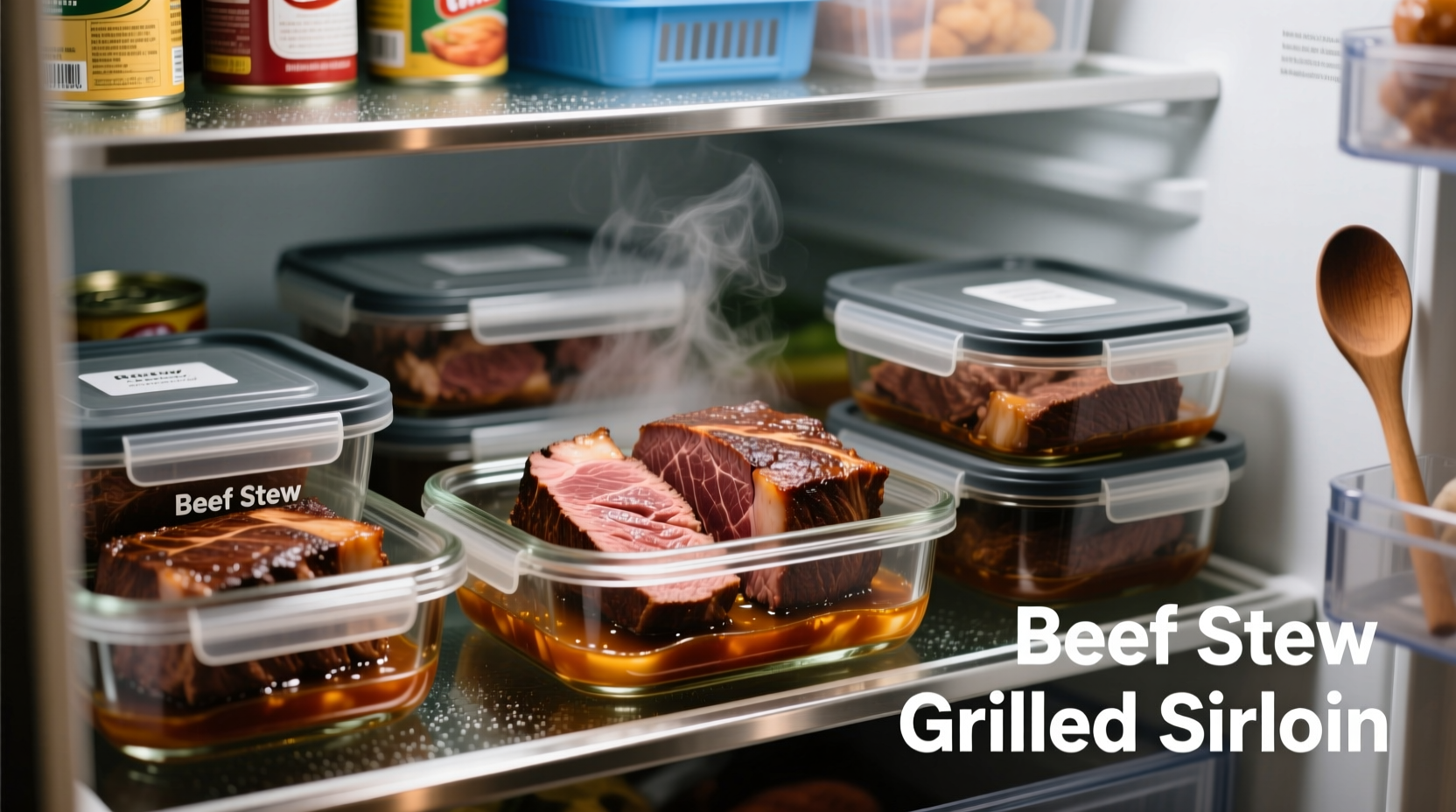 Cooked beef stored in airtight containers in refrigerator