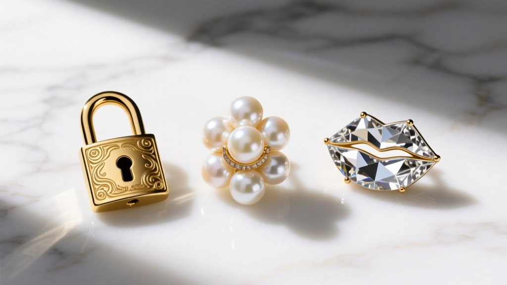 Overhead flat lay of three Schiaparelli earrings: a gold padlock, faux pearl cluster, and crystal lip motif on white marble.