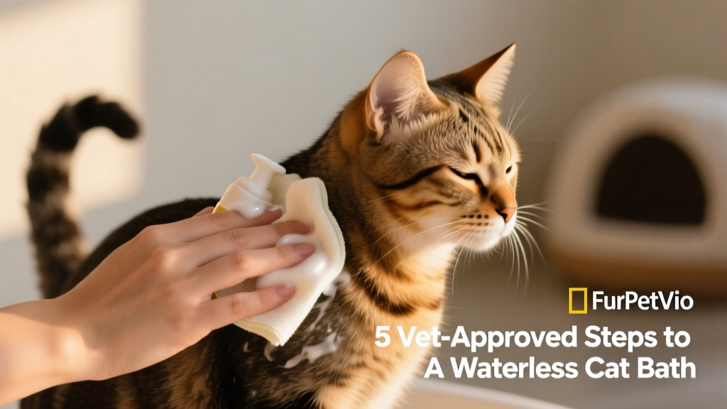 Hand applying FurPetVo waterless foam to a cat’s shoulder using a microfiber cloth, with calm body language