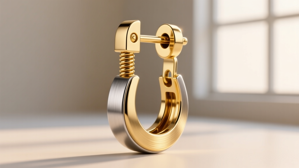 Macro photo of brushed titanium and 18k gold drop earring hinge mechanism showing a precision spring-loaded la pousette backing