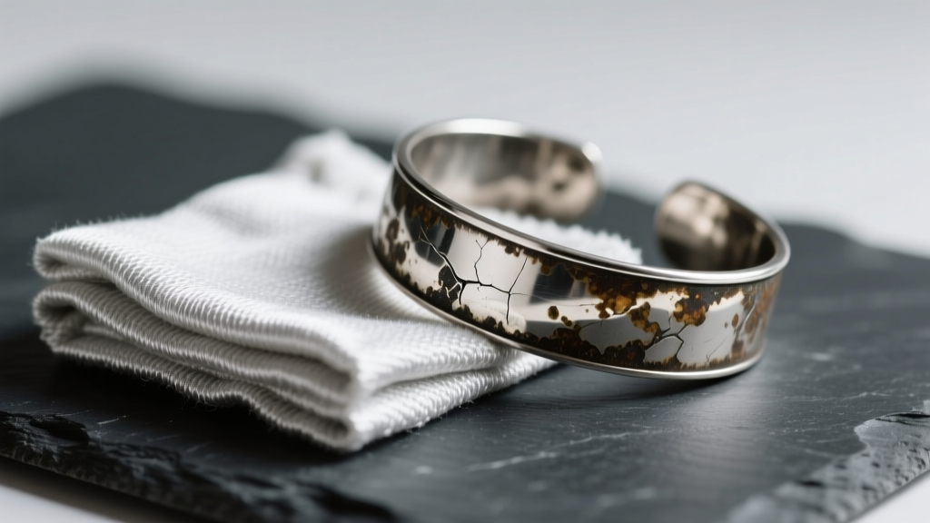 Close-up of a dual-layer treated silver polishing cloth resting beside a tarnished sterling silver cuff bracelet on dark slate.