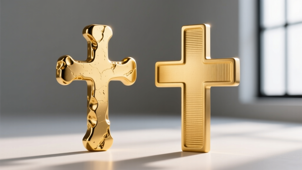 Macro view comparing a cast gold cross and a die-struck cross, showing the smooth grain structure of the dense struck metal piece.