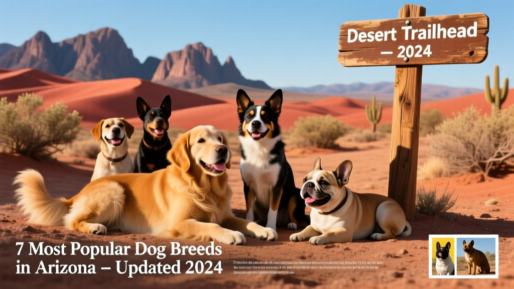 A diverse group of healthy, happy dogs outdoors in Arizona—golden retriever, Australian shepherd, and French bulldog resting together near a desert trailhead