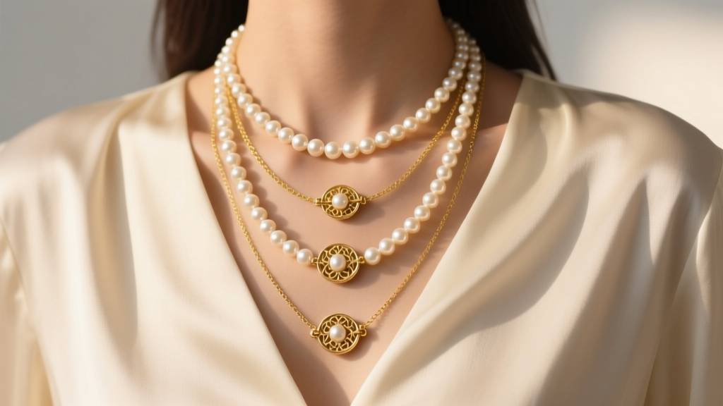 Three layered gold-filled pearl necklaces of varying lengths worn over a cream silk blouse, highlighting delicate artisan clasps.