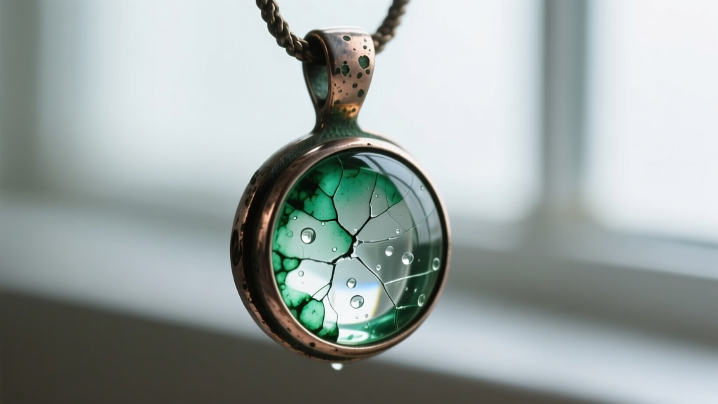 Macro shot of a tarnished zinc-alloy pendant bail showing green oxidation and moisture condensation trapped inside the glass bezel.