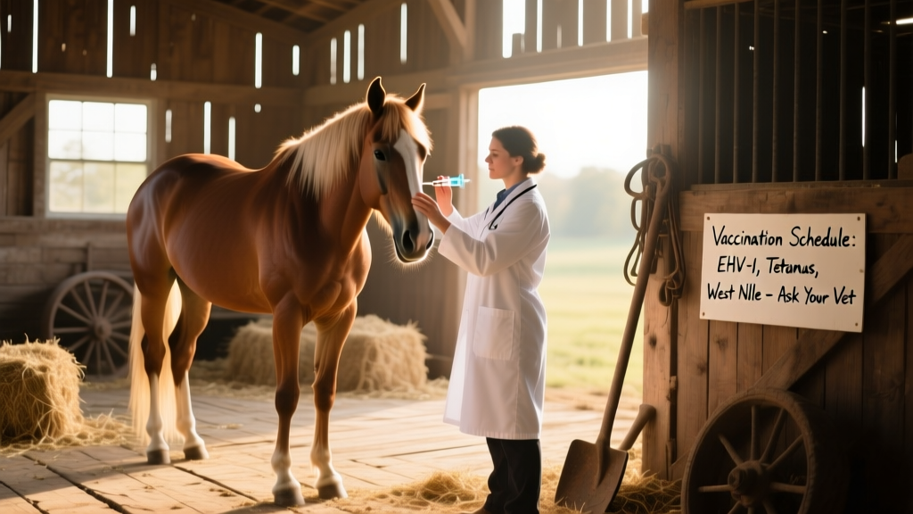 A veterinarian administering a vaccine to a calm horse in a barn setting