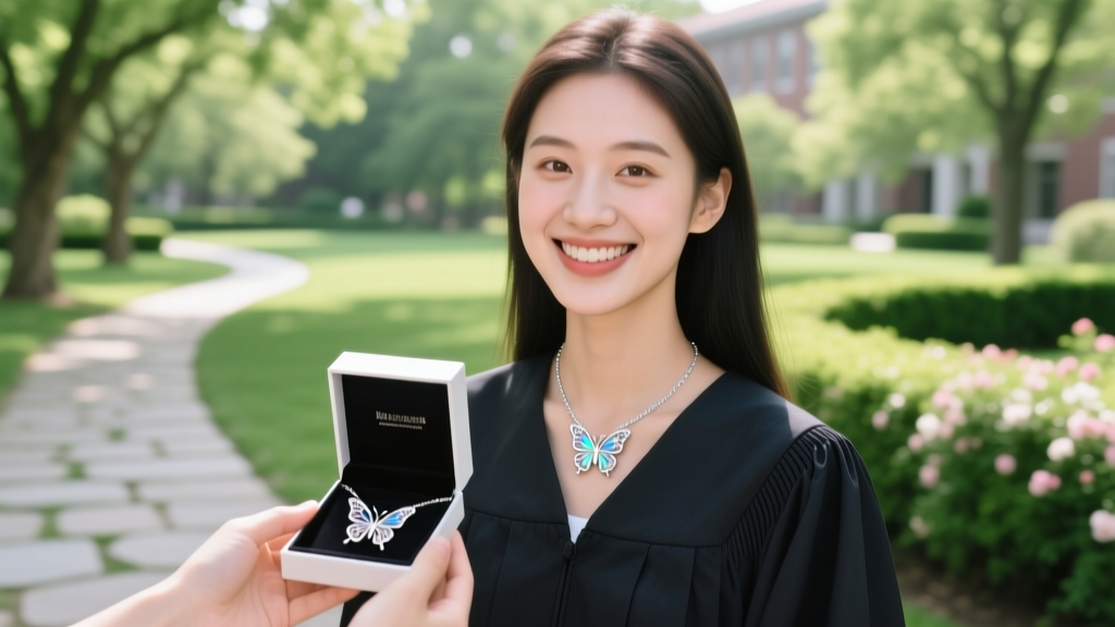 Smiling graduate receiving a sterling silver butterfly choker necklace, with a soft bokeh background of a lush green campus garden.