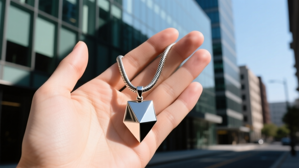 Hand holding a 5mm stainless steel snake chain necklace with a heavy geometric pendant, urban background with natural sunlight