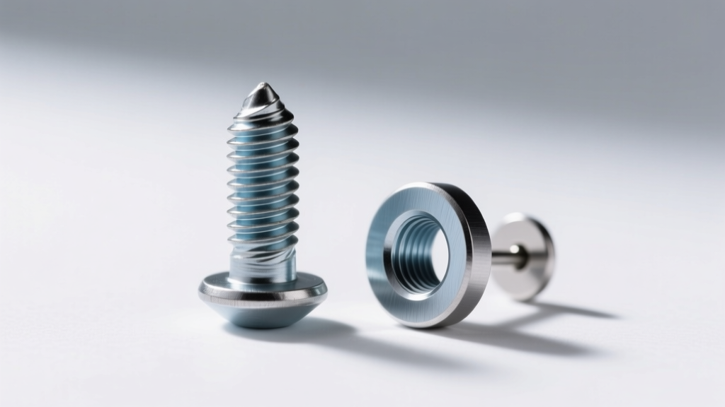 Macro view of an externally threaded steel screw back beside an internally threaded titanium earring post on a clean white surface