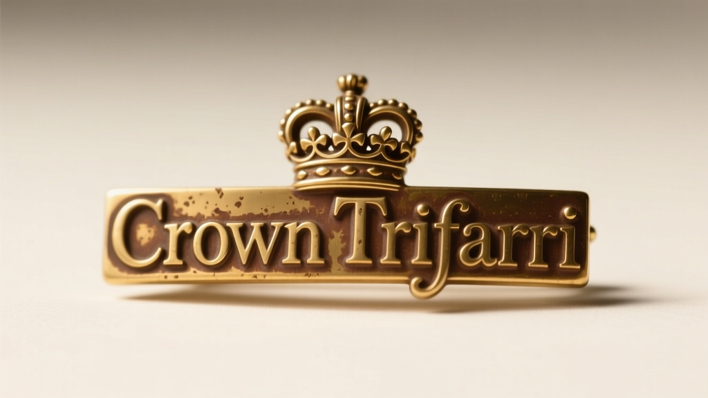 Macro photo of a stamped Crown Trifari hallmark on a vintage brass brooch, showing sharp serif text and slight metallic patina.