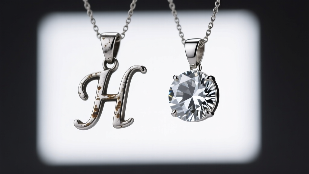 Macro shot comparing a tarnished sterling silver initial pendant with a pristine titanium pendant under bright studio lighting.