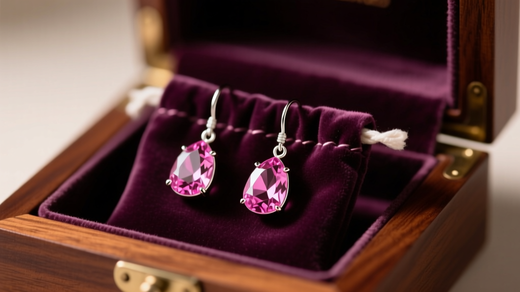 Pink tourmaline drop earrings in anti-tarnish pouches inside a velvet-lined wooden jewelry box under soft warm ambient lighting.