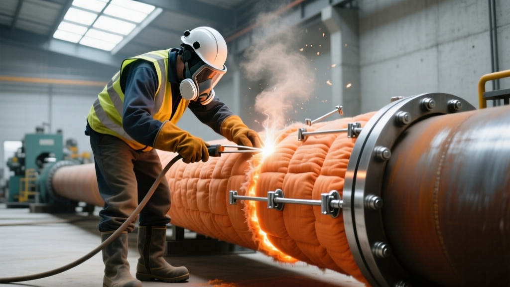 Worker in PPE installing ceramic fiber blanket insulation on a steel boiler pipe using stainless steel weld pins and speed clips