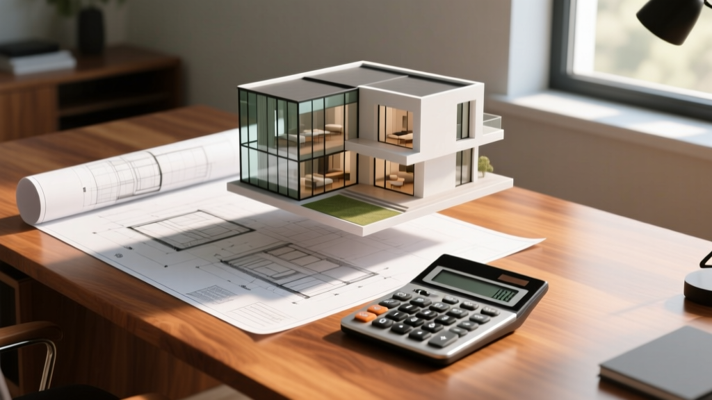 Architectural blueprints and financial calculator on a wooden desk beside a 3D rendering of a modern 1800 square foot house