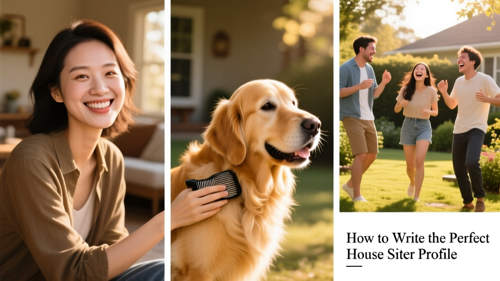 Collage of three high-quality profile photos: one showing the sitter smiling confidently, another with them gently brushing a golden retriever, and a third with friends laughing outdoors