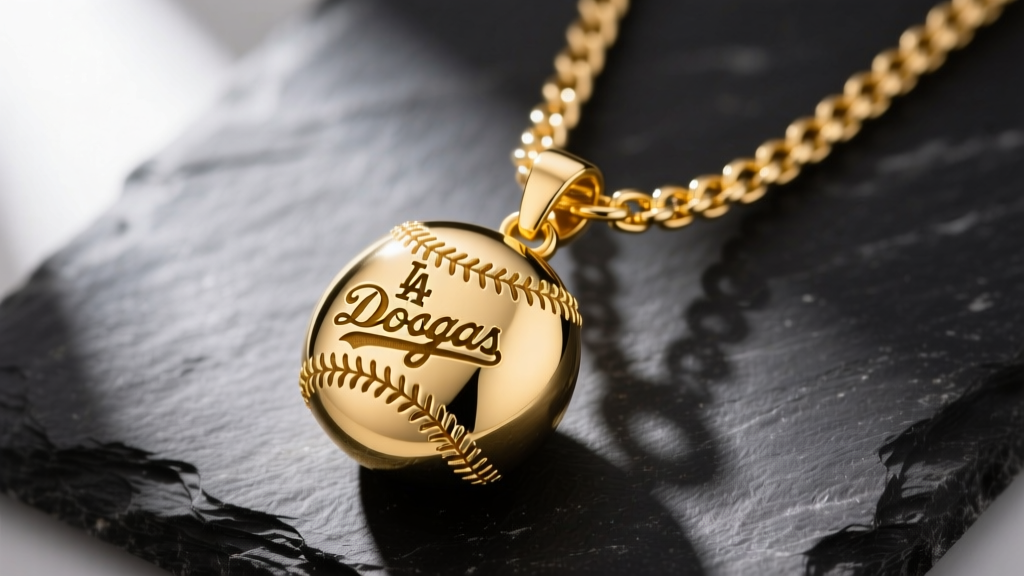 Close-up of a custom 14k yellow gold Rojas Dodgers baseball pendant on a 10mm Cuban link chain, resting on a dark slate surface.