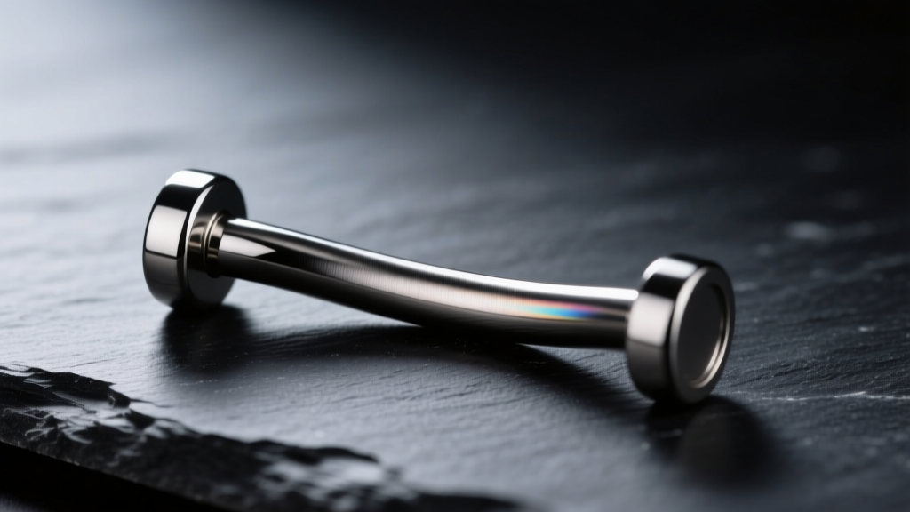 Close-up of polished implant-grade titanium curved barbell for intimate piercings resting on dark slate with soft studio lighting
