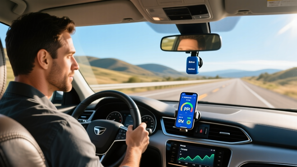 Driver using a phone on a magnetic vent mount to view BlueDriver OBD2 live telemetry data while driving on a highway.