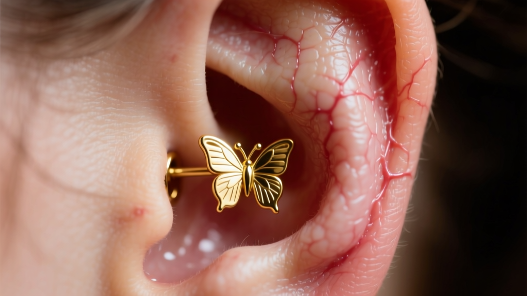 Extreme close-up of a swollen earlobe with a standard gold butterfly earring back partially embedded in the skin, clinical lighting