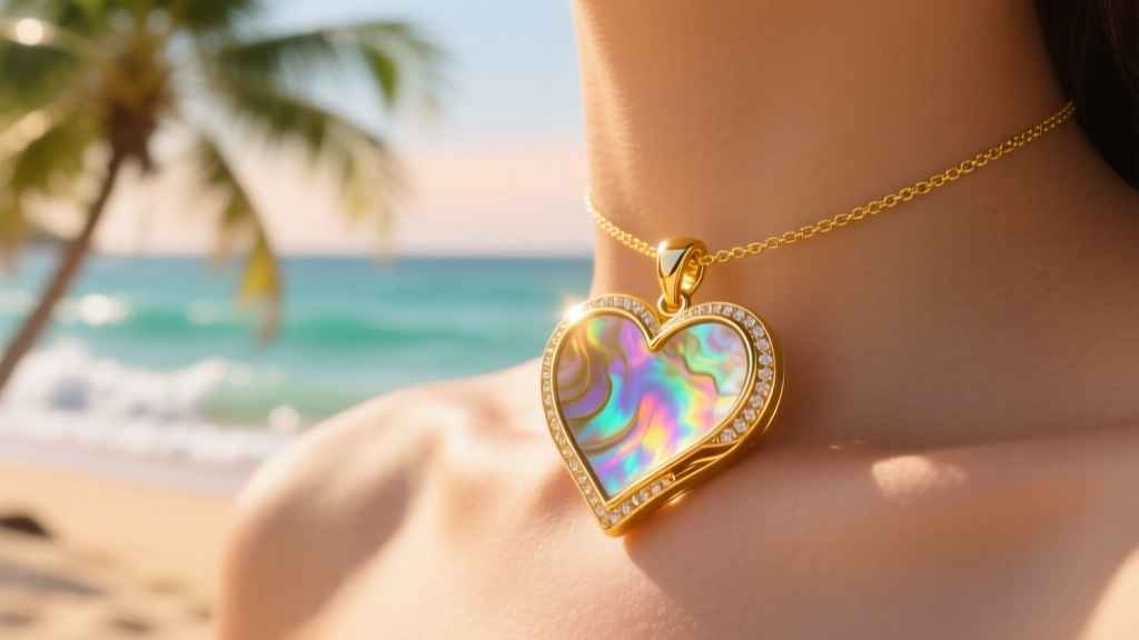 A gold Heart of Te Fiti pendant with abalone inlay resting on a collarbone against a soft, blurred tropical beach background.
