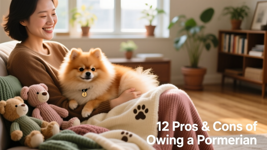 A Pomeranian comfortably nestled in a person's lap, surrounded by soft blankets and toys