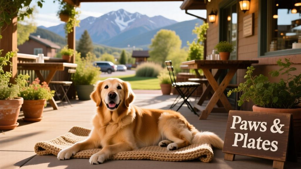 A happy dog relaxing on the shaded patio of a dog-friendly restaurant in Golden, CO