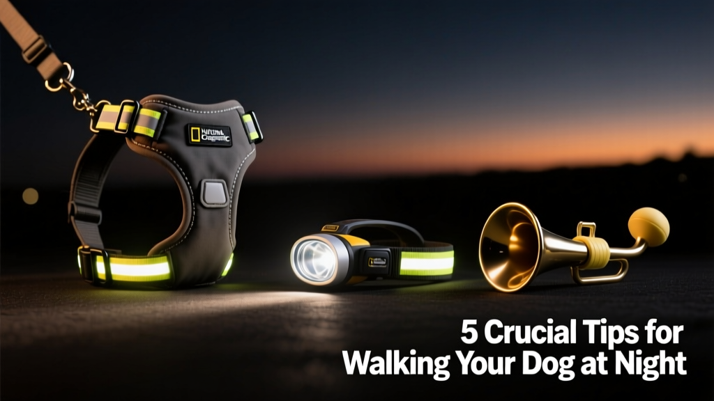 Side-by-side display of recommended nighttime walking gear: reflective harness, LED collar light, headlamp, and air horn on a dark background