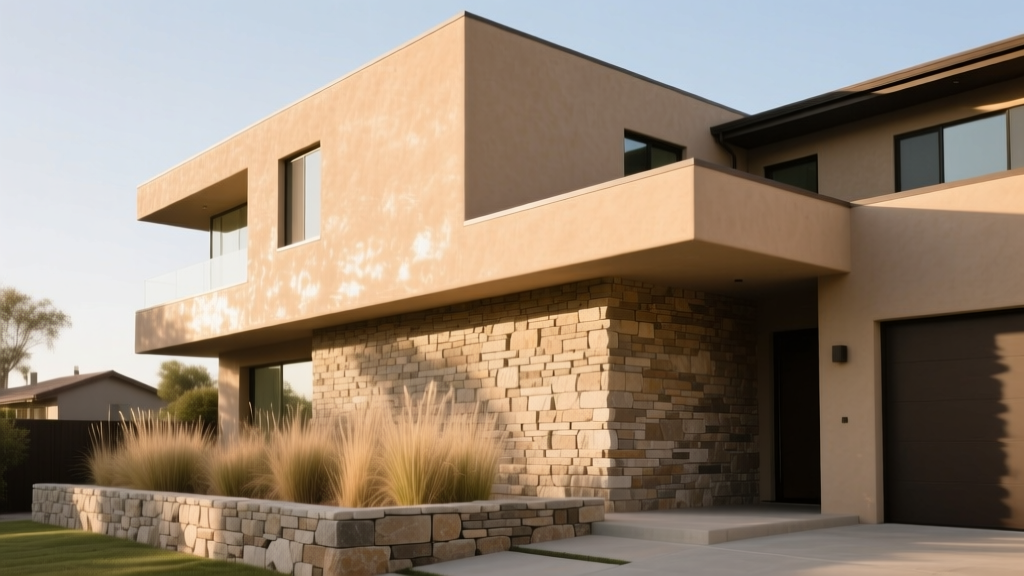 Modern home exterior featuring a seamless transition between smooth sand-colored stucco and rustic stacked limestone veneer on the lower facade