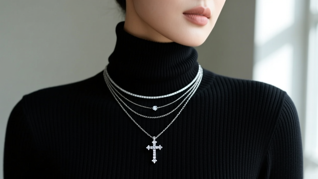 Portrait of a woman wearing a layered necklace stack with a delicate diamond cross pendant on a black ribbed turtleneck sweater