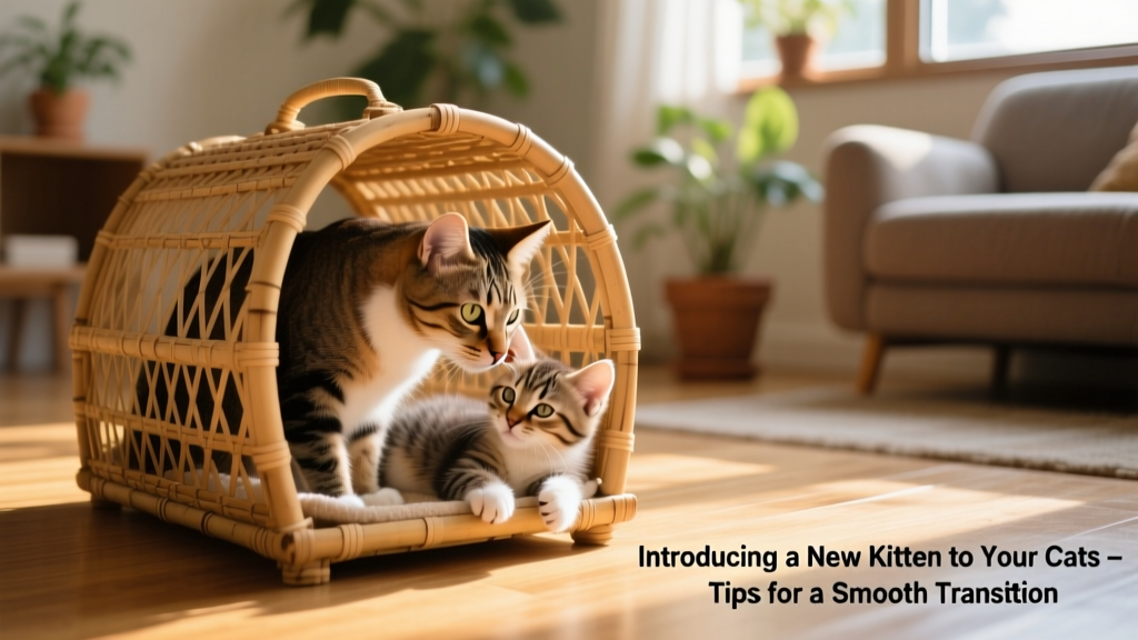 A curious adult cat gently sniffing a relaxed kitten inside a large, open cat carrier