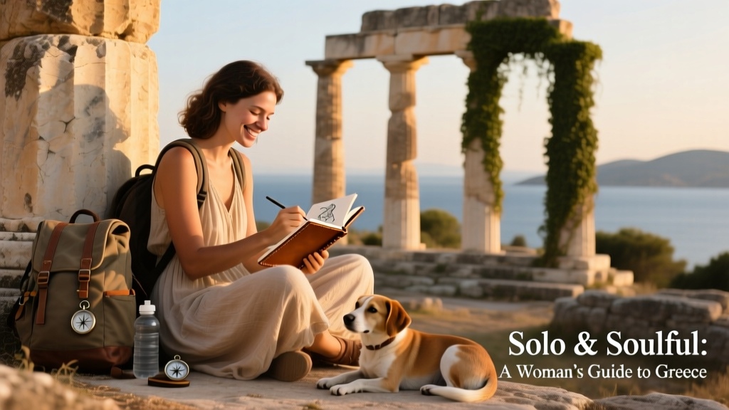 A solo female traveler sitting beside ancient Greek ruins, smiling as she sketches in a notebook