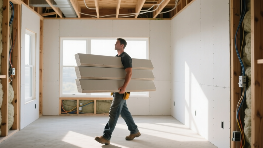 Contractor carrying stacked 4x8 gypsum board sheets through a framed residential living room during new construction drywall installation