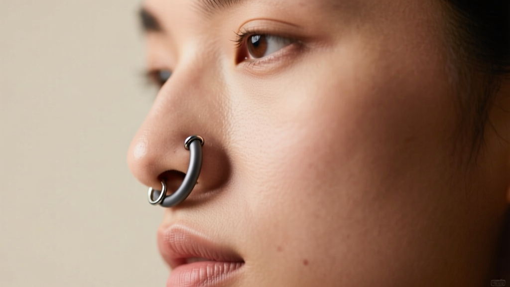 Side profile showing a seamless 20-gauge niobium hoop in a nostril piercing, highlighting dark grey metal against warm skin.