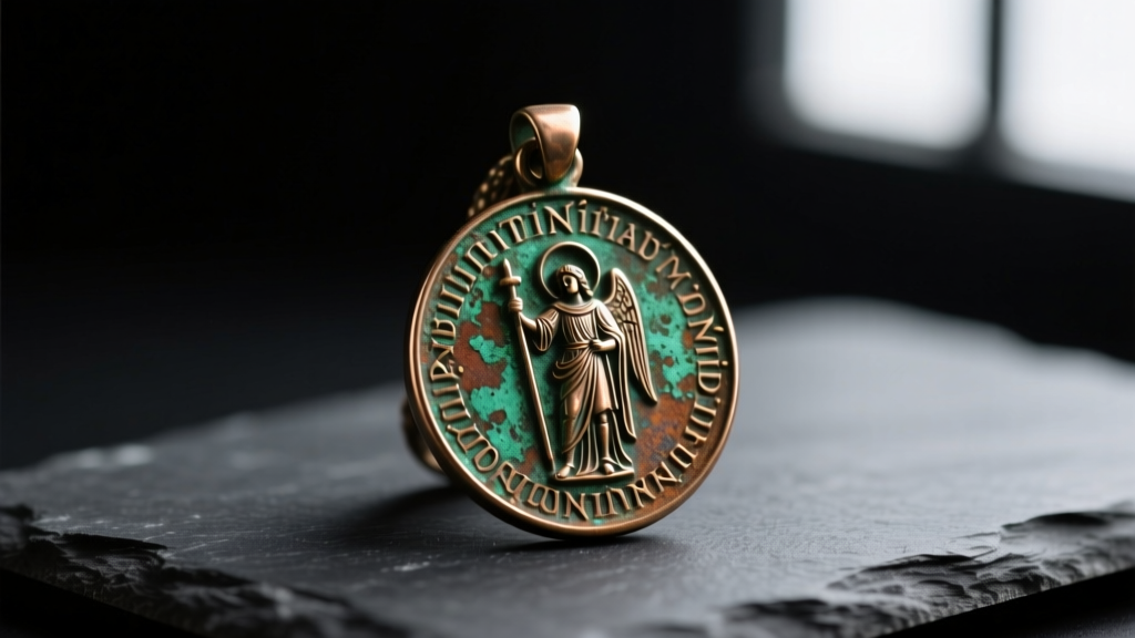 Macro shot of an oxidized bronze Saint Michael pendant showing intricate Latin engraving, resting on a dark slate surface.
