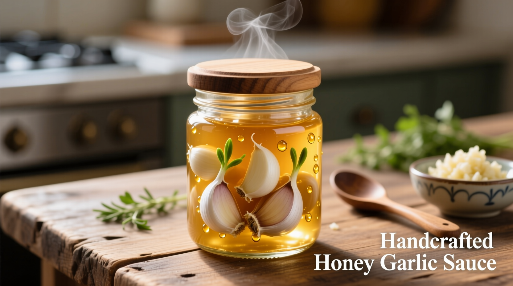 Homemade honey garlic sauce in glass jar with fresh garlic