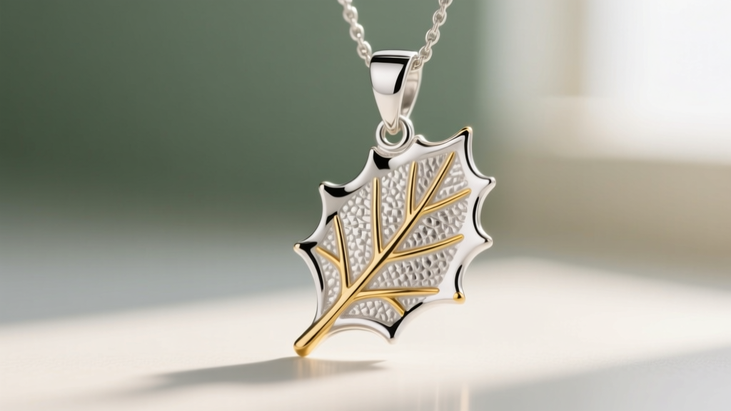 Sterling silver holly leaf pendant with 2.5-micron gold vermeil, catching natural window light against a softly blurred backdrop.