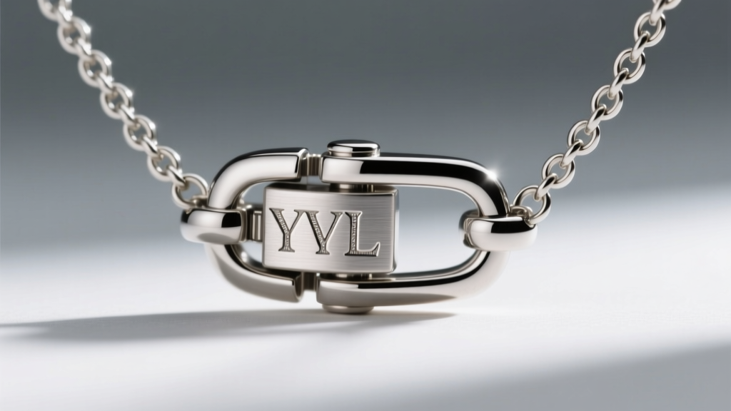 Macro shot of a YVL necklace clasp mechanism, revealing the laser-engraved brand hallmark and precise spring-ring tension closure