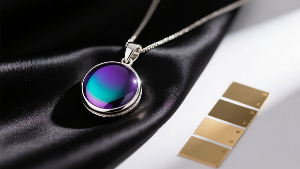 Close-up of sterling silver mood pendant shifting from deep violet to teal, resting on silk fabric next to a brass color chart.